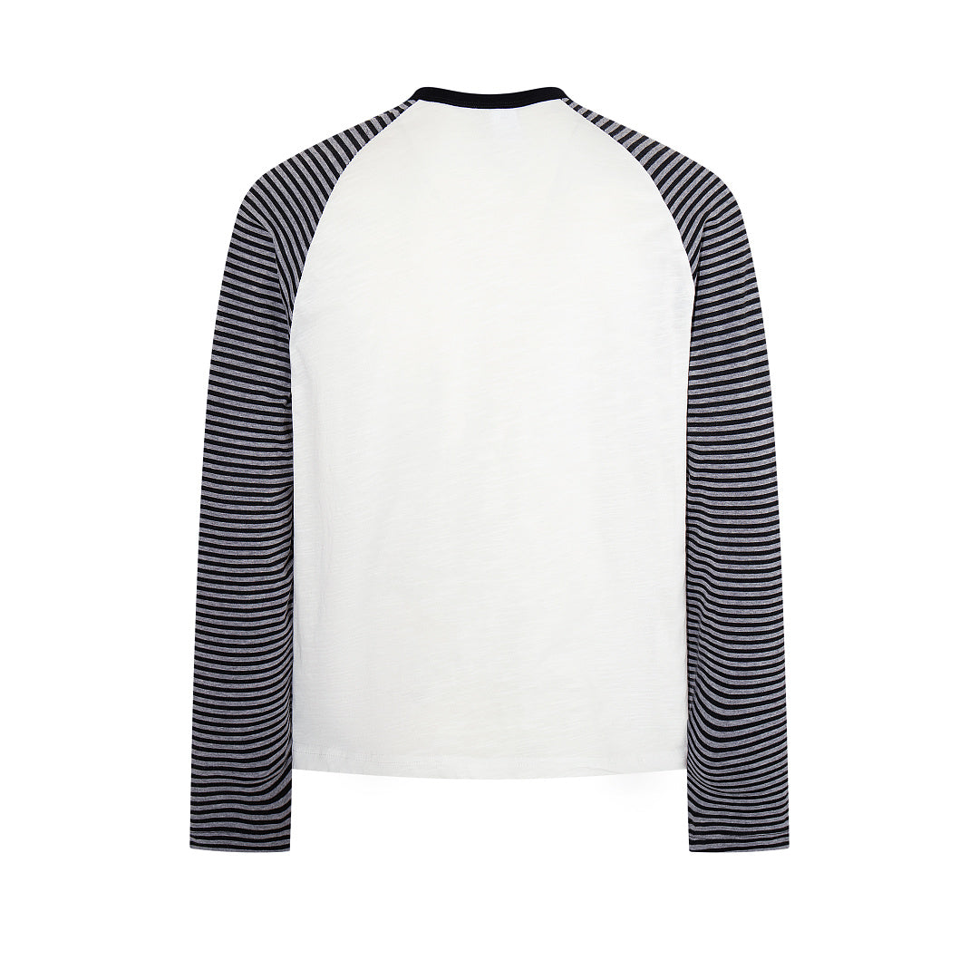 Side-slit long-sleeve Henley T-shirt — Black, White