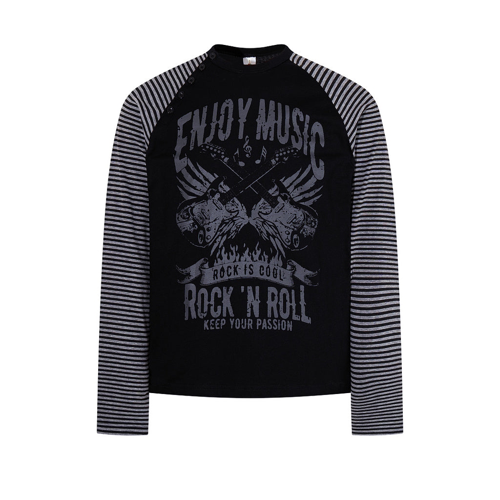 Side-slit long-sleeve Henley T-shirt — Black, White