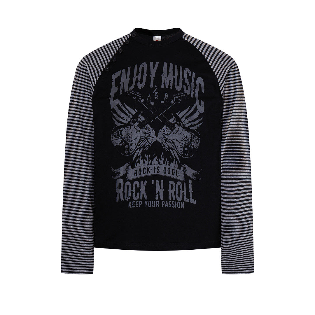 Side-slit long-sleeve Henley T-shirt — Black, White