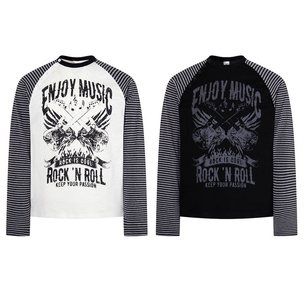 Side-slit long-sleeve Henley T-shirt — Black, White