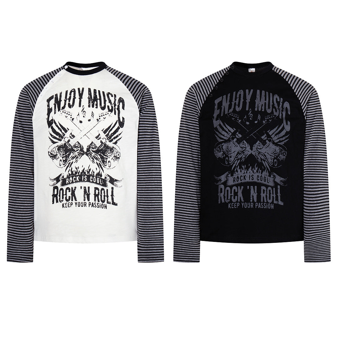Side-slit long-sleeve Henley T-shirt — Black, White
