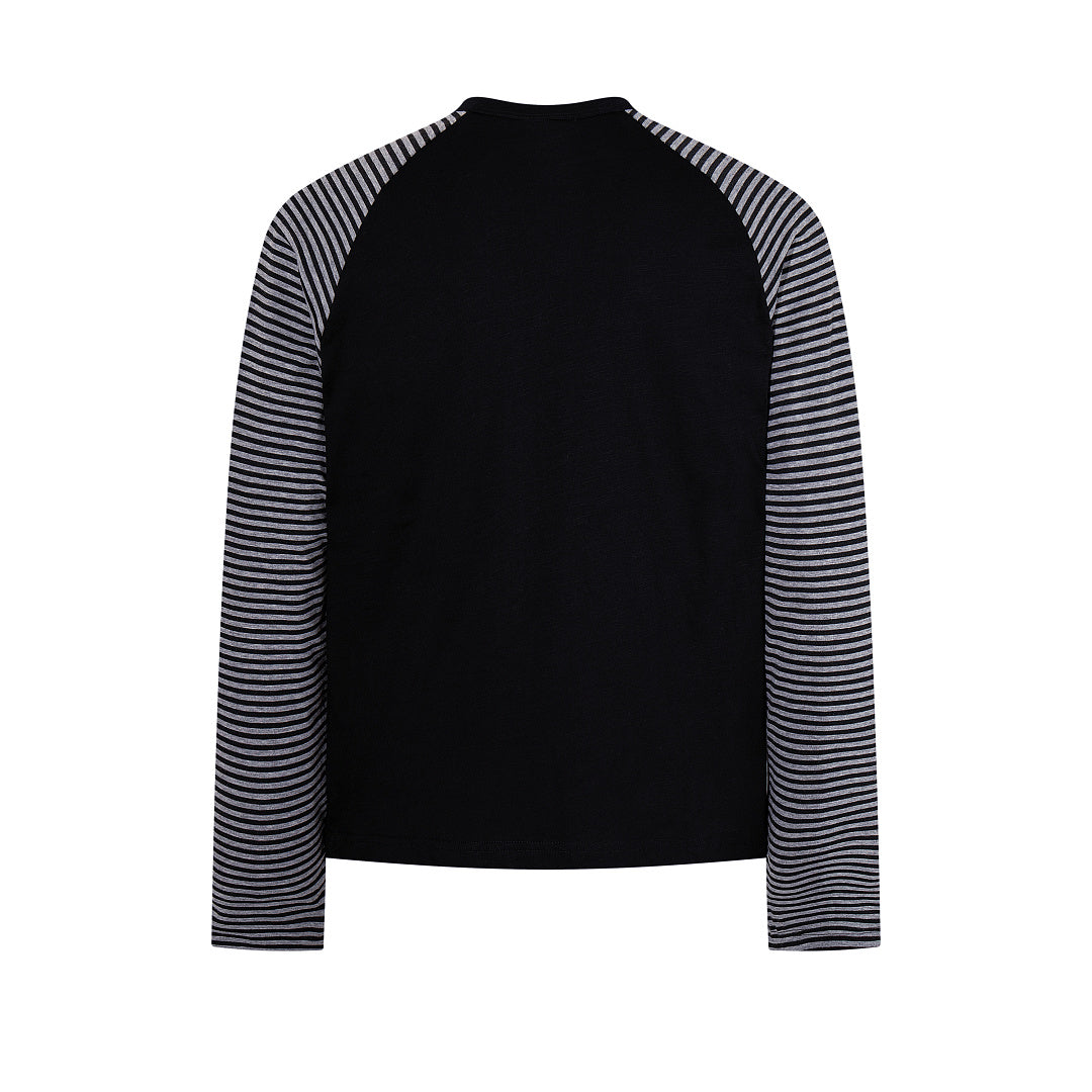 Side-slit long-sleeve Henley T-shirt — Black, White