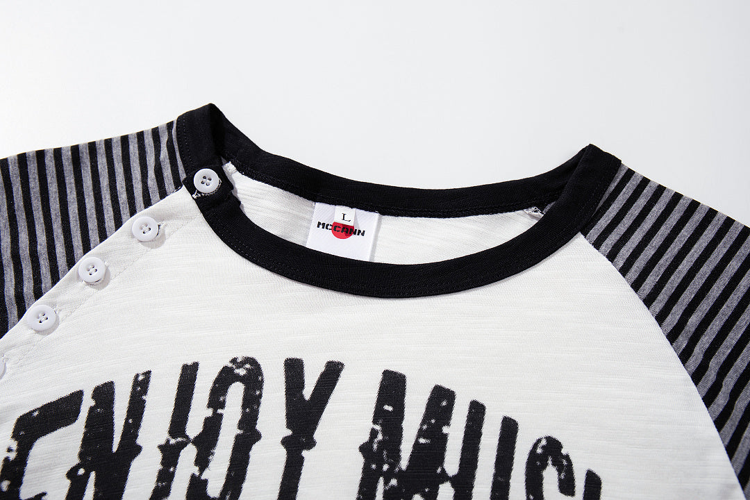 Side-slit long-sleeve Henley T-shirt — Black, White