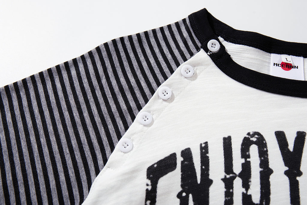 Side-slit long-sleeve Henley T-shirt — Black, White