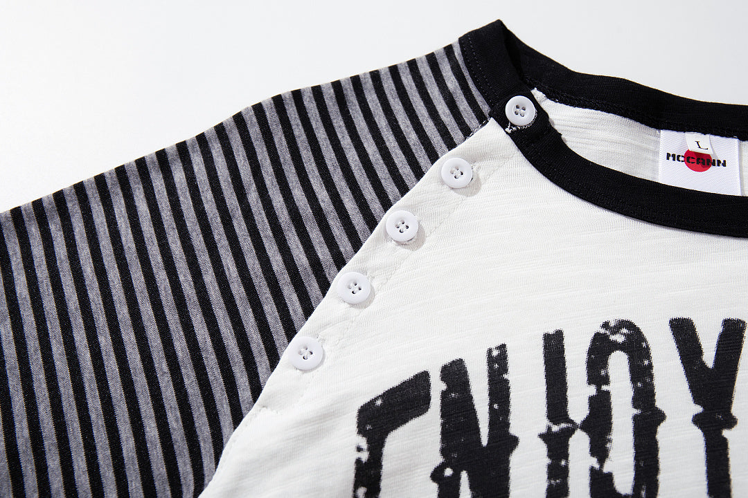 Side-slit long-sleeve Henley T-shirt — Black, White