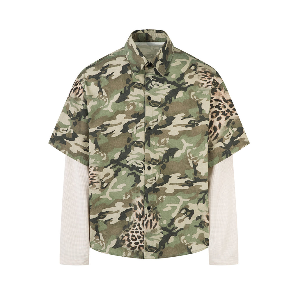 Green Camouflage Faux-Layered Shirt