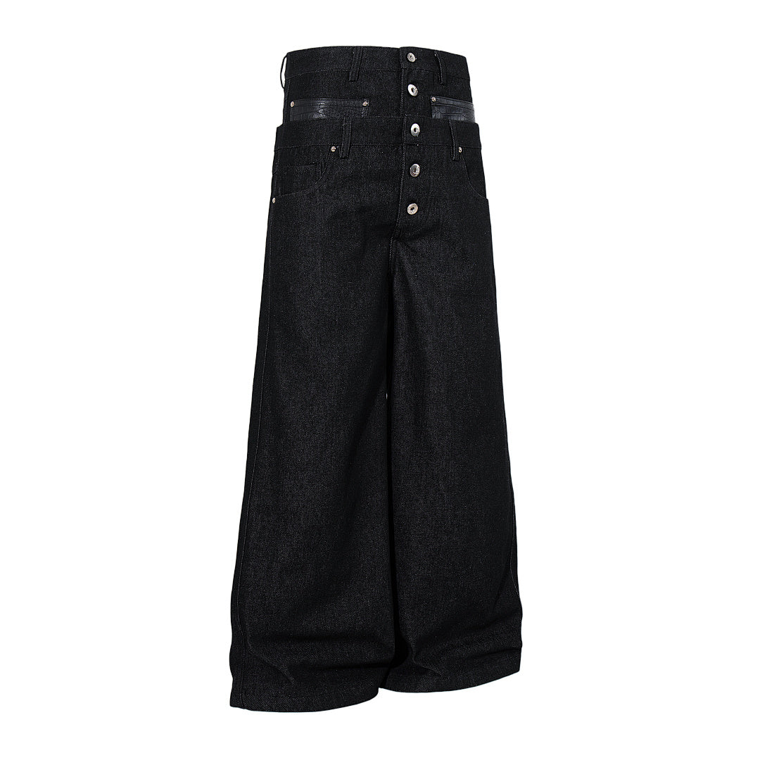 Raw denim double-waisted jeans