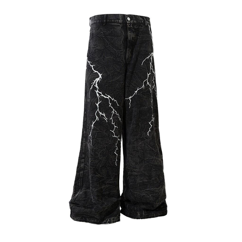 Heavy-embroidery denim trousers