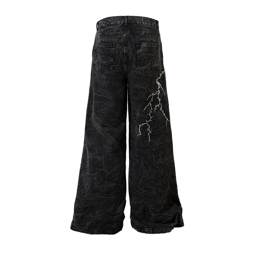 Heavy-embroidery denim trousers