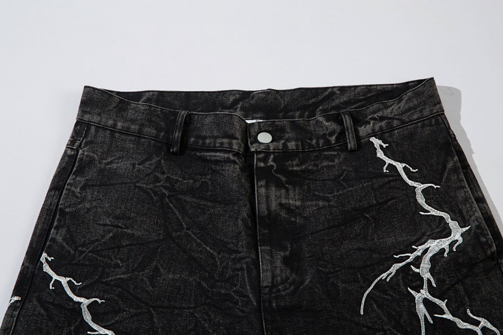 Heavy-embroidery denim trousers