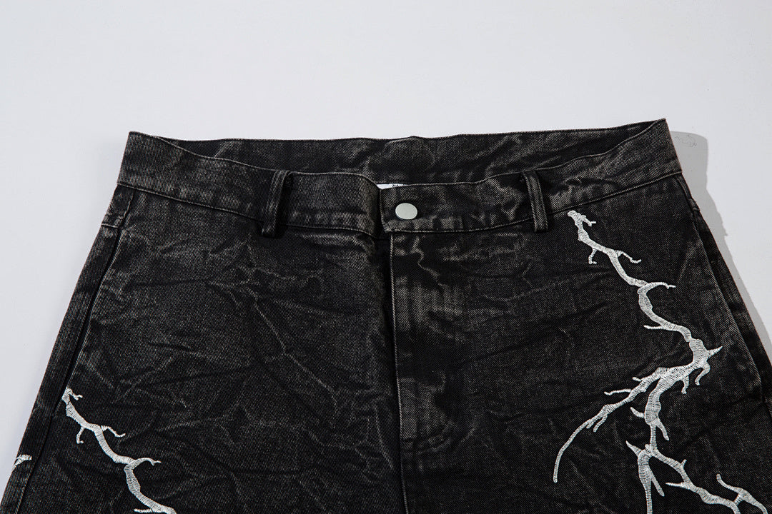 Heavy-embroidery denim trousers