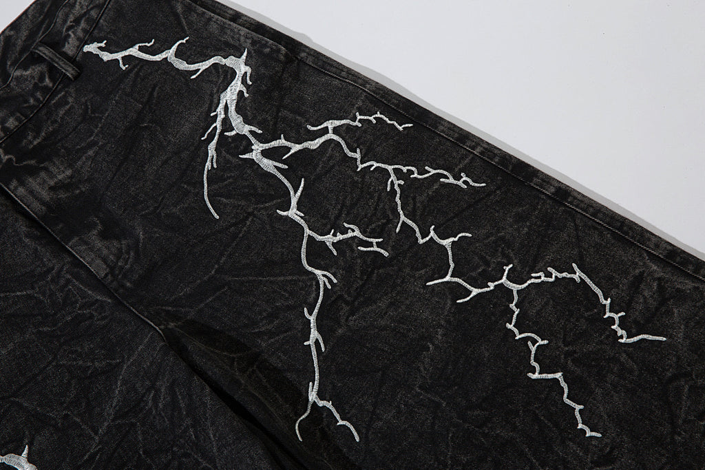 Heavy-embroidery denim trousers