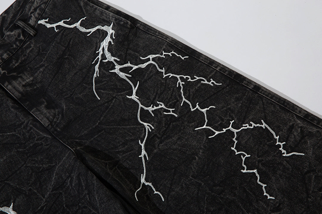 Heavy-embroidery denim trousers