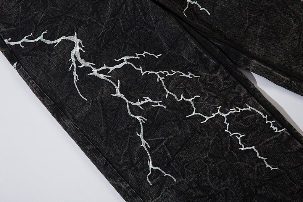 Heavy-embroidery denim trousers