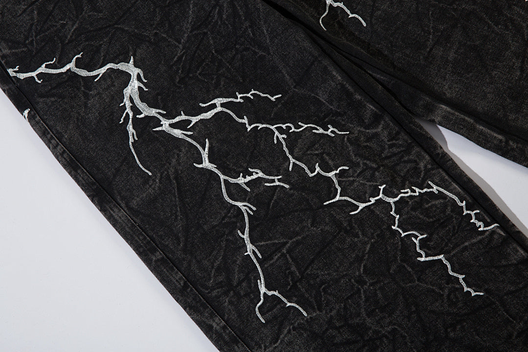 Heavy-embroidery denim trousers