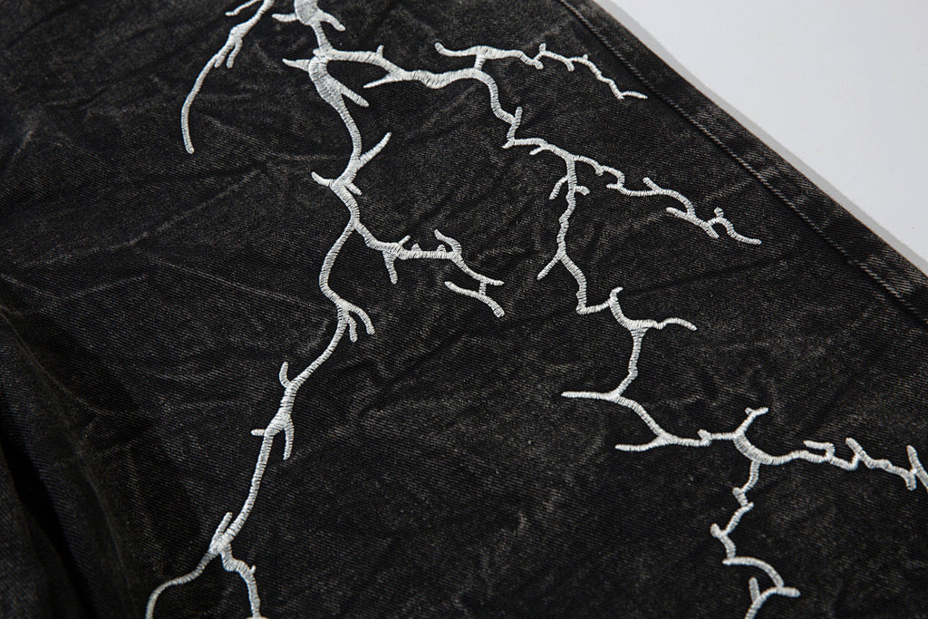Heavy-embroidery denim trousers
