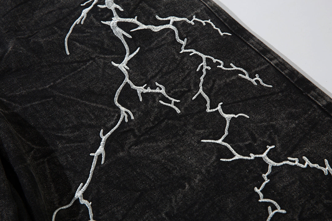Heavy-embroidery denim trousers
