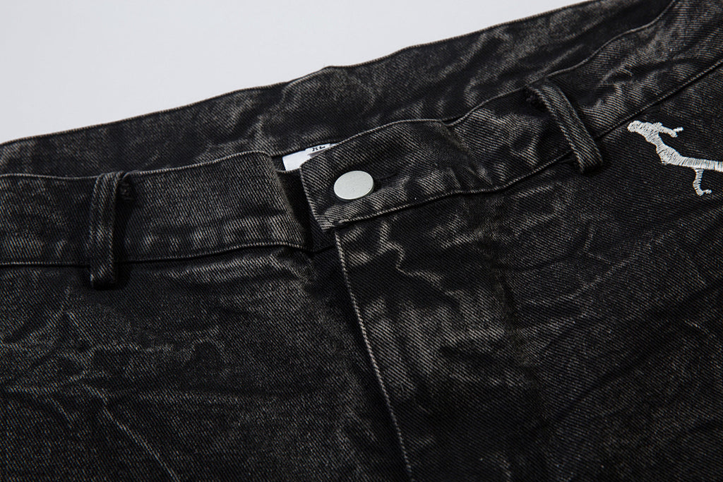 Heavy-embroidery denim trousers