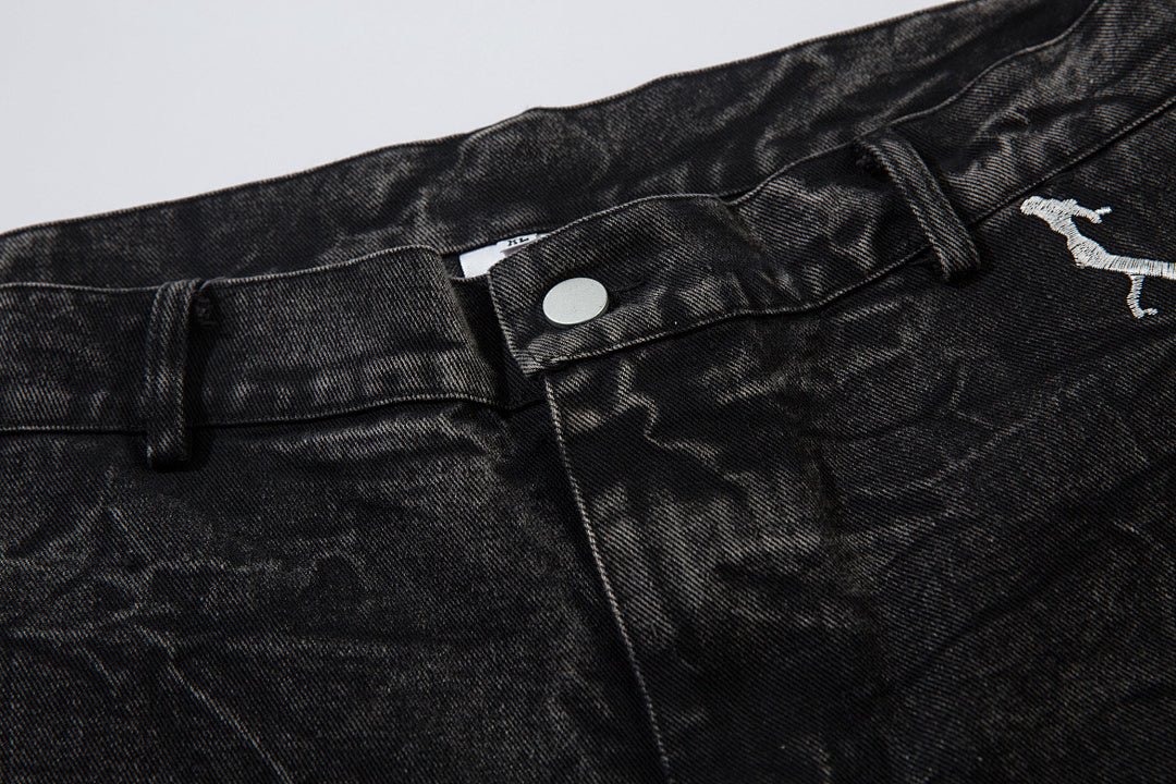 Heavy-embroidery denim trousers
