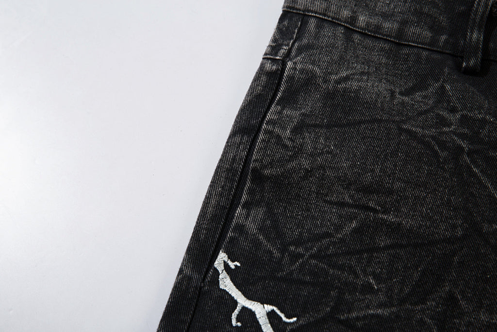 Heavy-embroidery denim trousers