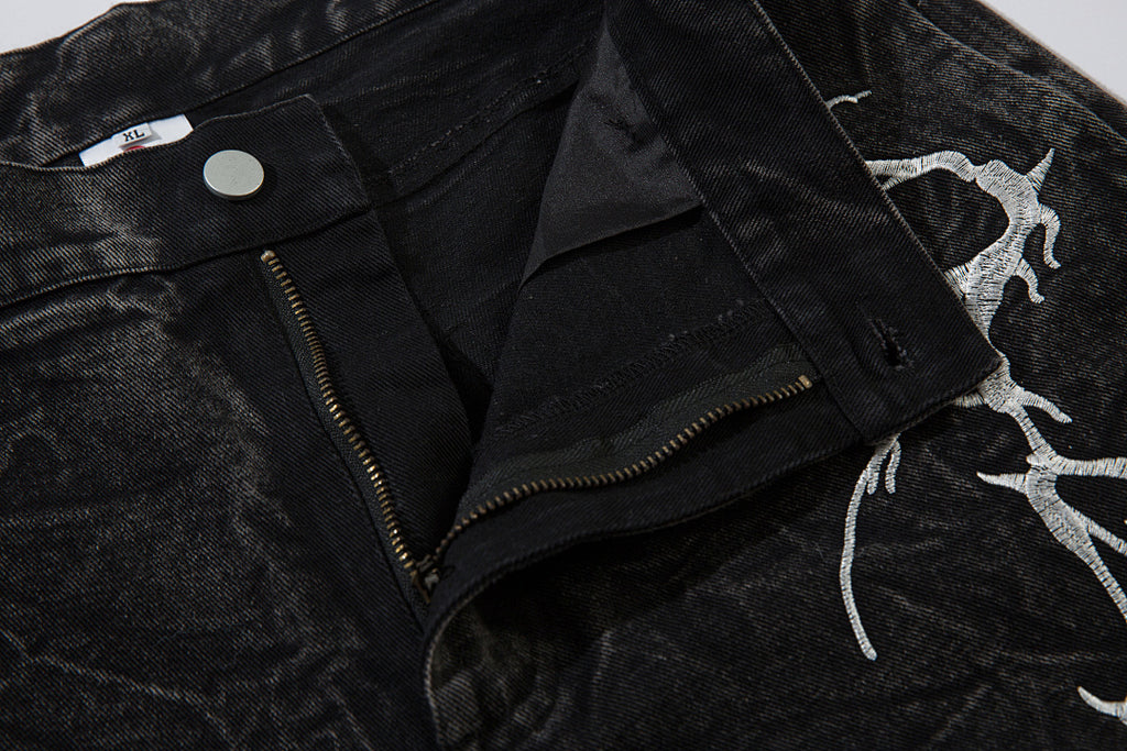 Heavy-embroidery denim trousers