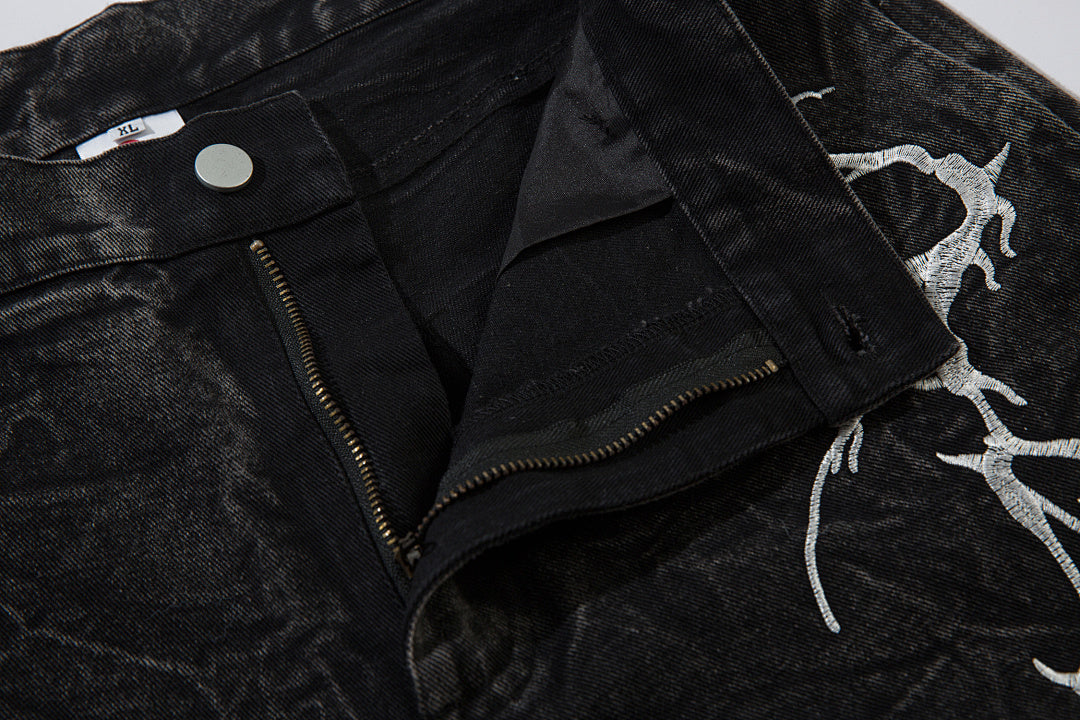 Heavy-embroidery denim trousers