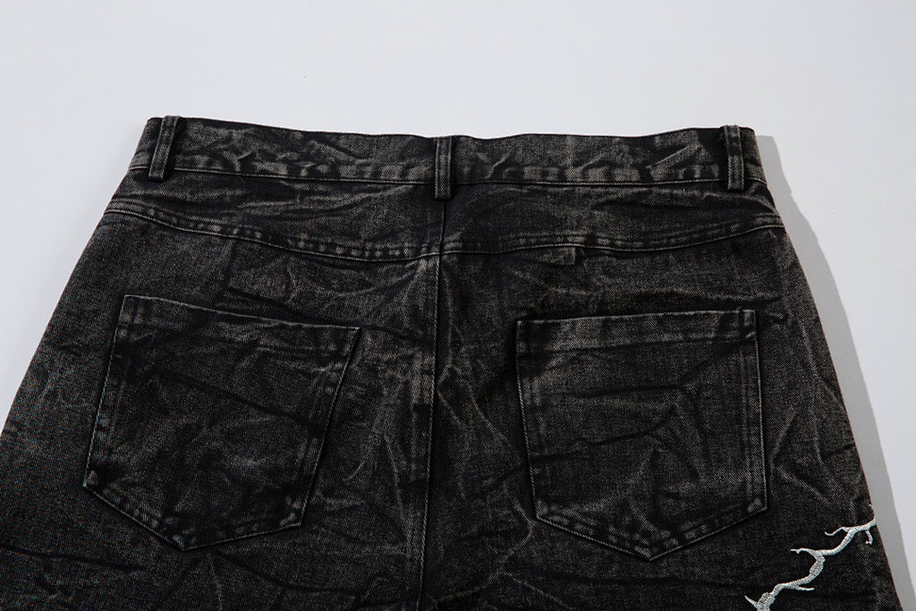 Heavy-embroidery denim trousers