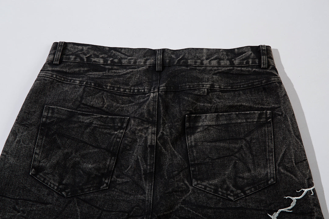 Heavy-embroidery denim trousers