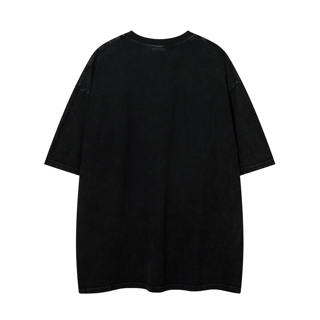 Positioning-stitch detail, heavy-wash short-sleeve T-shirt