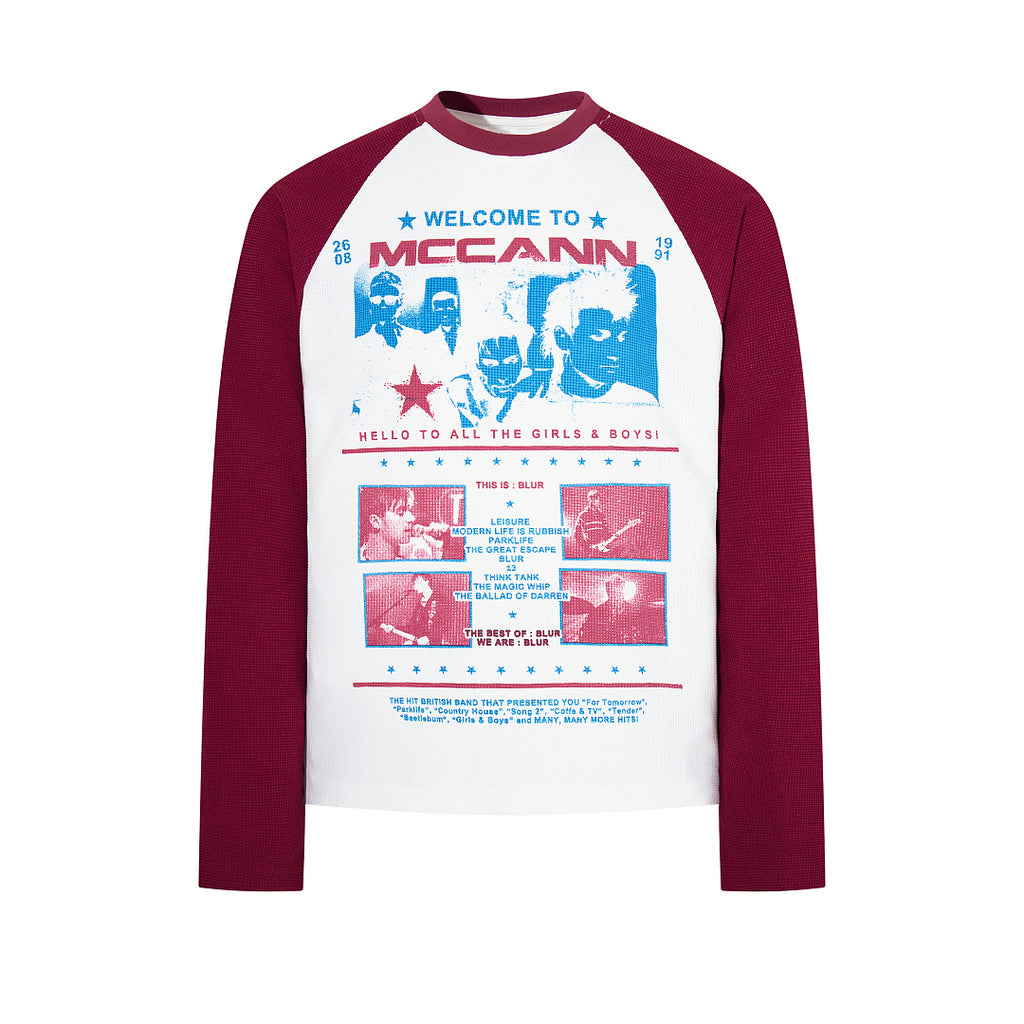 Red waffle-knit raglan long-sleeve T-shirt