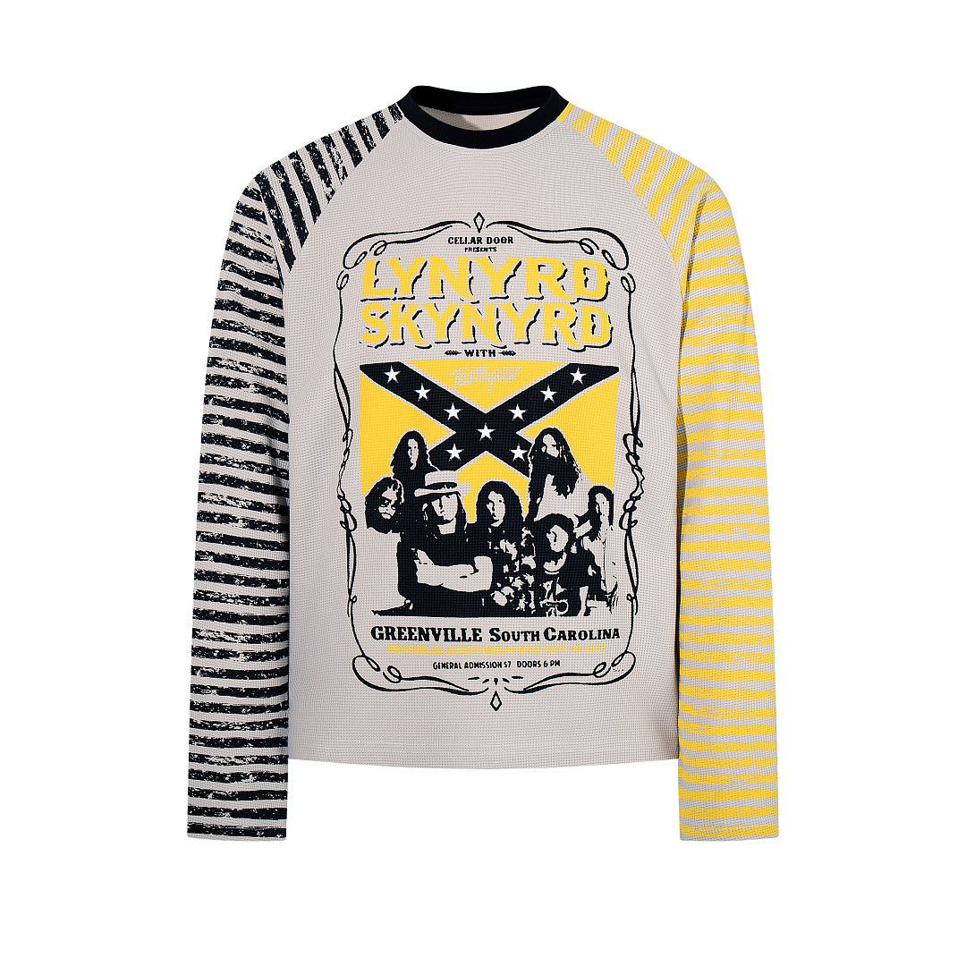 Waffle-knit raglan long-sleeve T-shirt, white and gray.