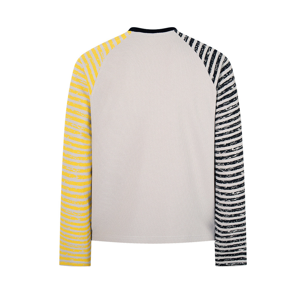 Waffle-knit raglan long-sleeve T-shirt, white and gray.