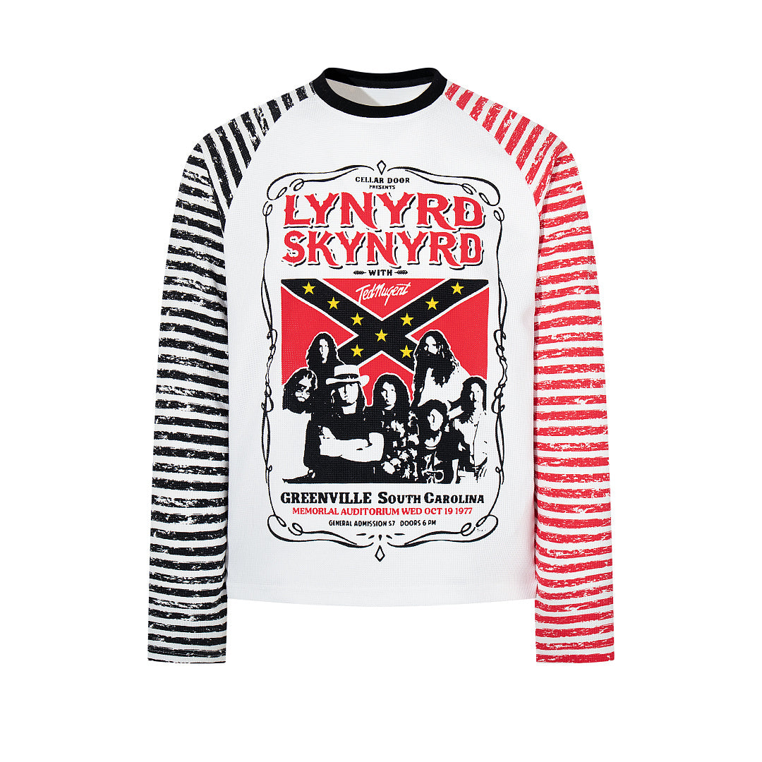 Waffle-knit raglan long-sleeve T-shirt, white and gray.