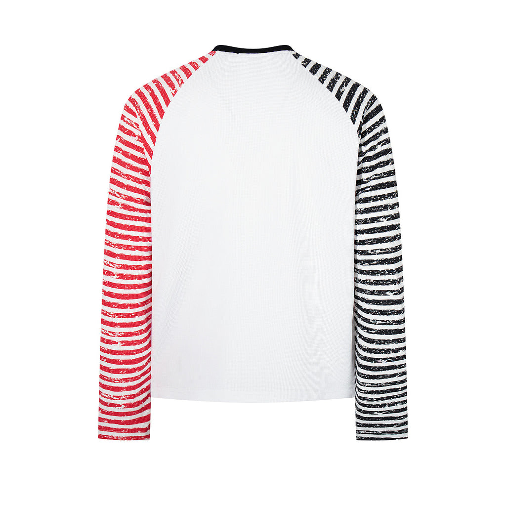 Waffle-knit raglan long-sleeve T-shirt, white and gray.