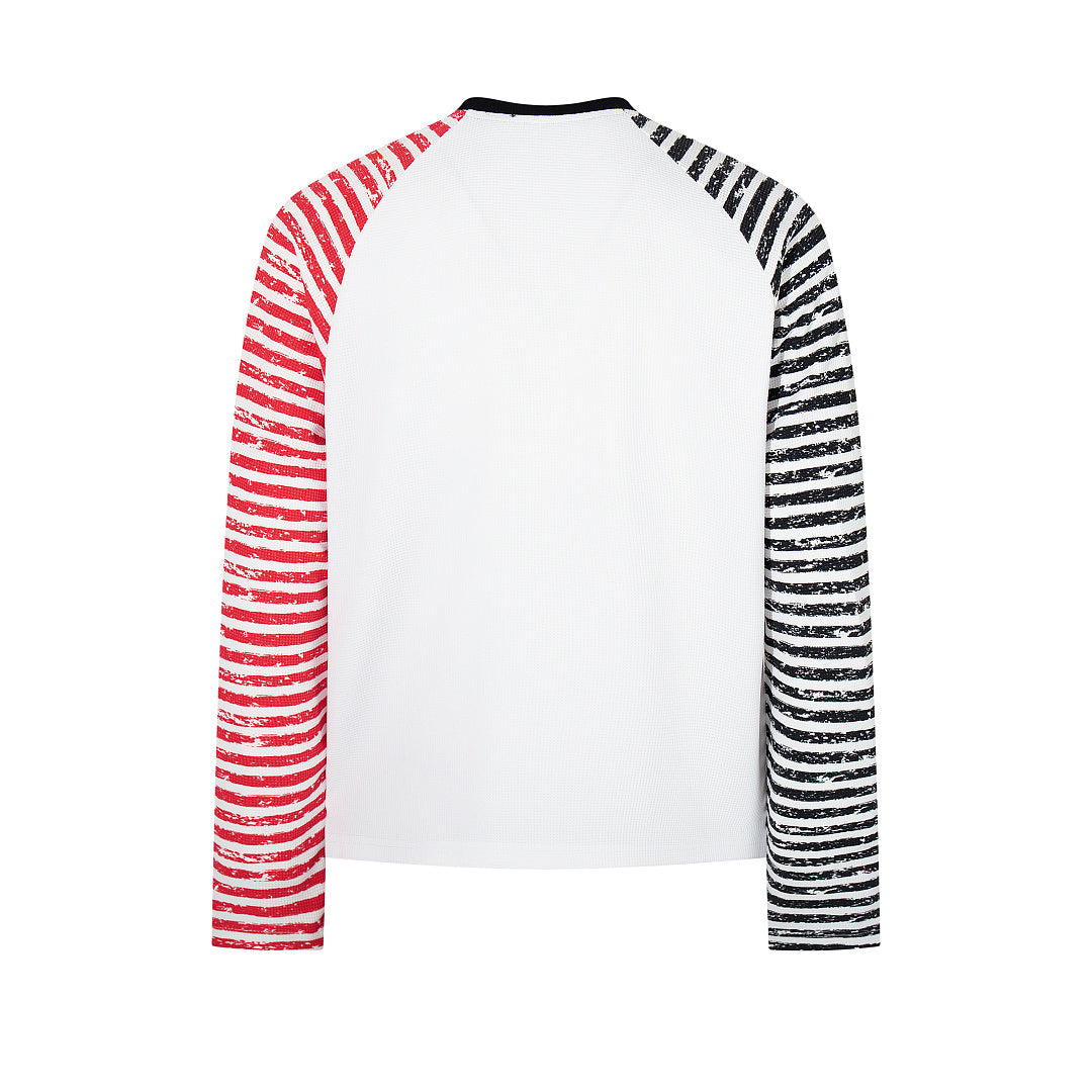 Waffle-knit raglan long-sleeve T-shirt, white and gray.