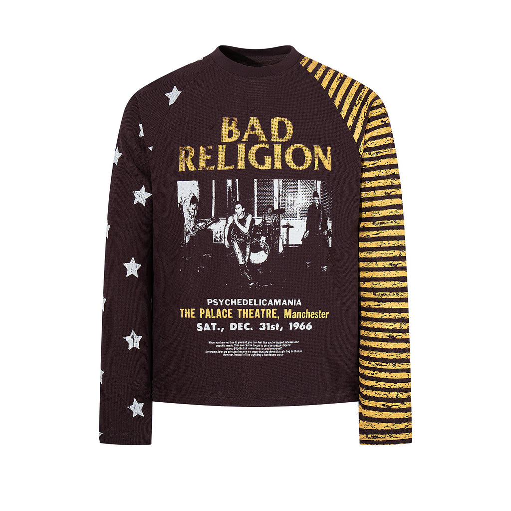 Waffle-knit raglan long-sleeve T-shirt, black, coffee brown