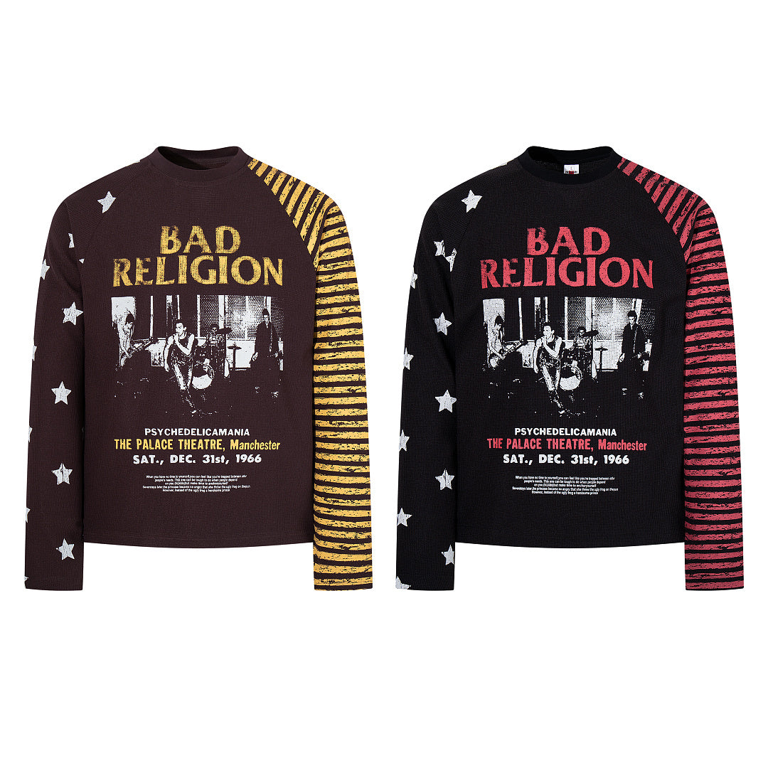 Waffle-knit raglan long-sleeve T-shirt, black, coffee brown