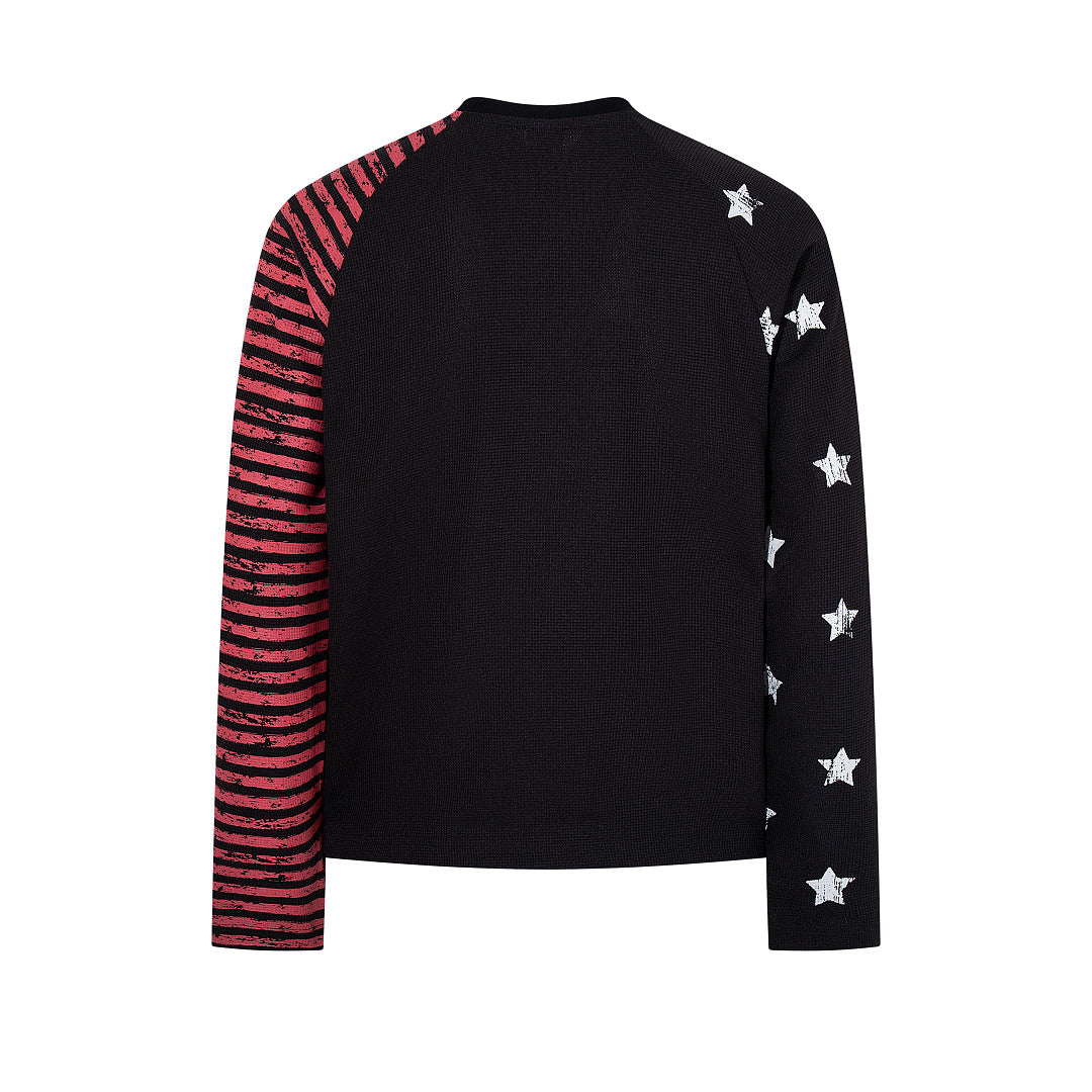 Waffle-knit raglan long-sleeve T-shirt, black, coffee brown