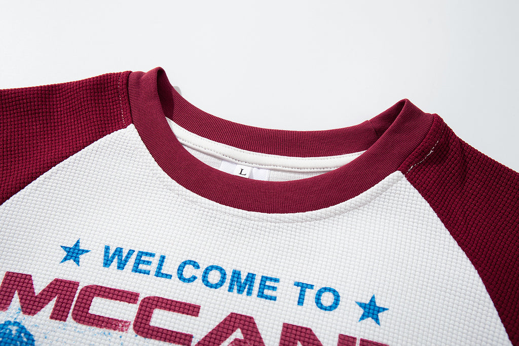 Red waffle-knit raglan long-sleeve T-shirt