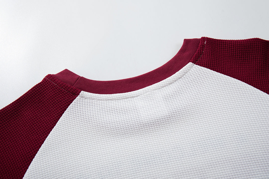 Red waffle-knit raglan long-sleeve T-shirt