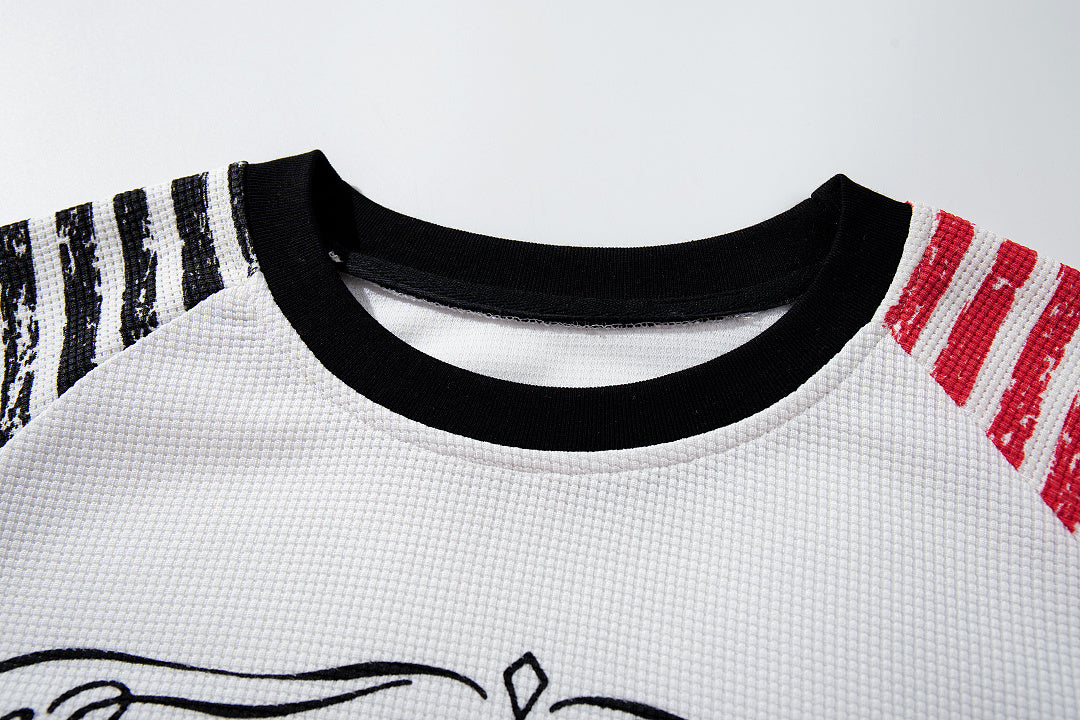 Waffle-knit raglan long-sleeve T-shirt, white and gray.