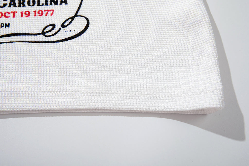 Waffle-knit raglan long-sleeve T-shirt, white and gray.