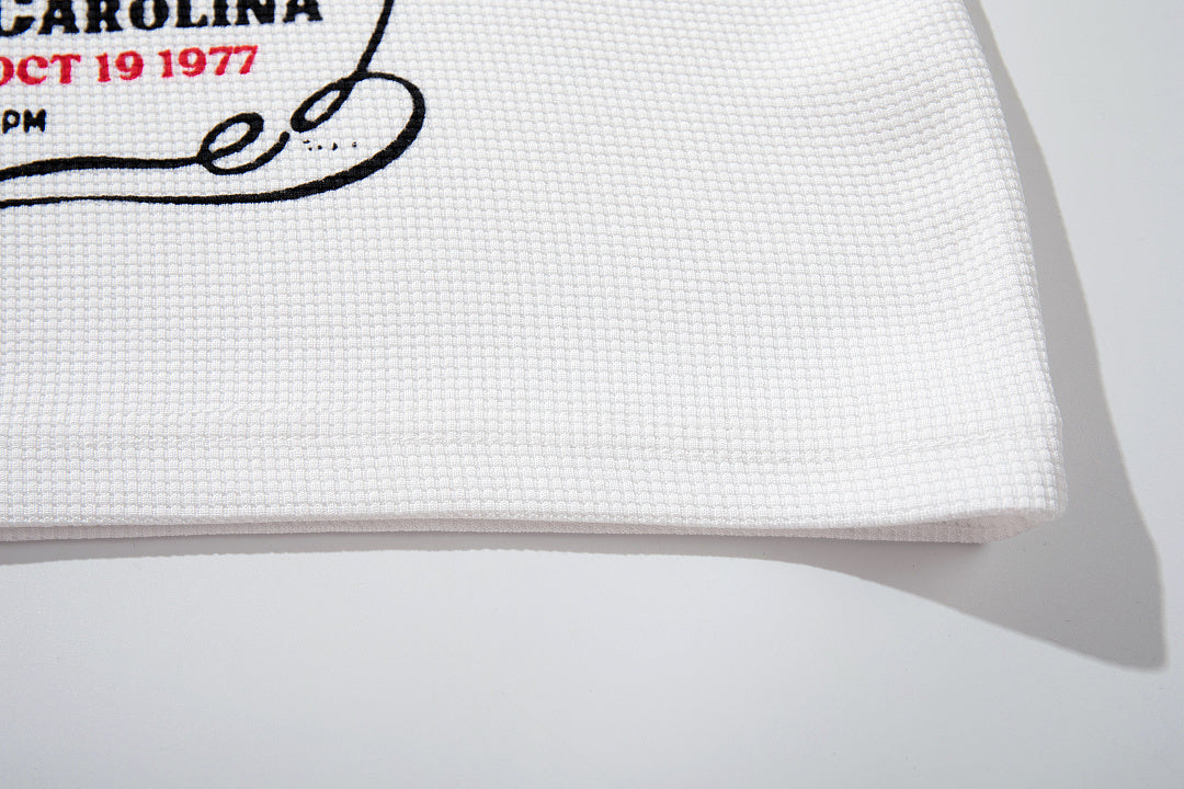 Waffle-knit raglan long-sleeve T-shirt, white and gray.