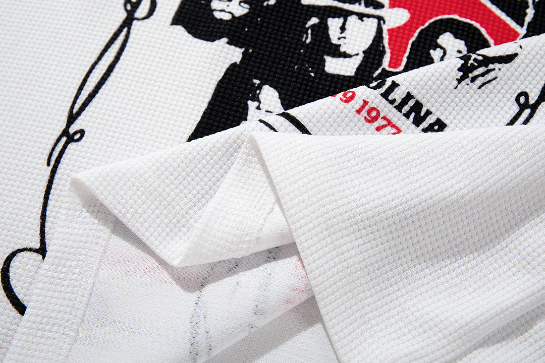 Waffle-knit raglan long-sleeve T-shirt, white and gray.