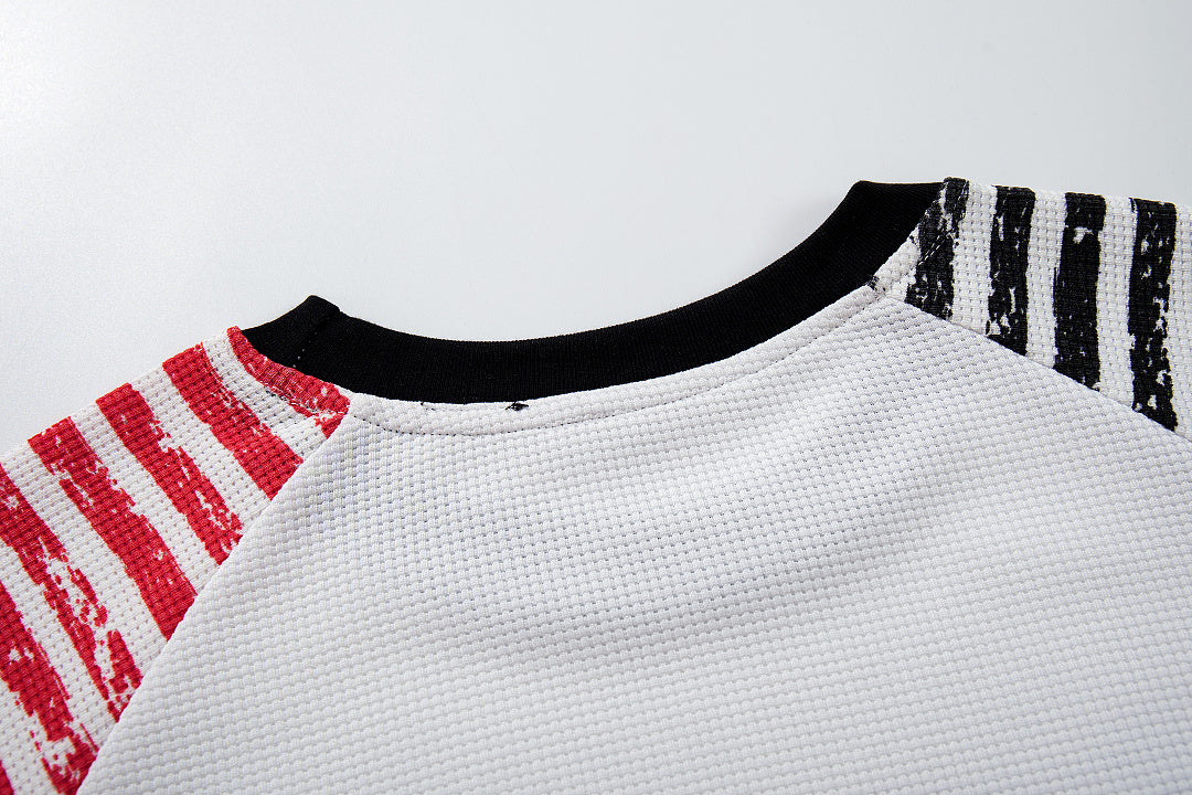Waffle-knit raglan long-sleeve T-shirt, white and gray.