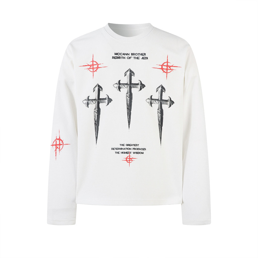 Waffle-knit long-sleeve T-shirt, black, white
