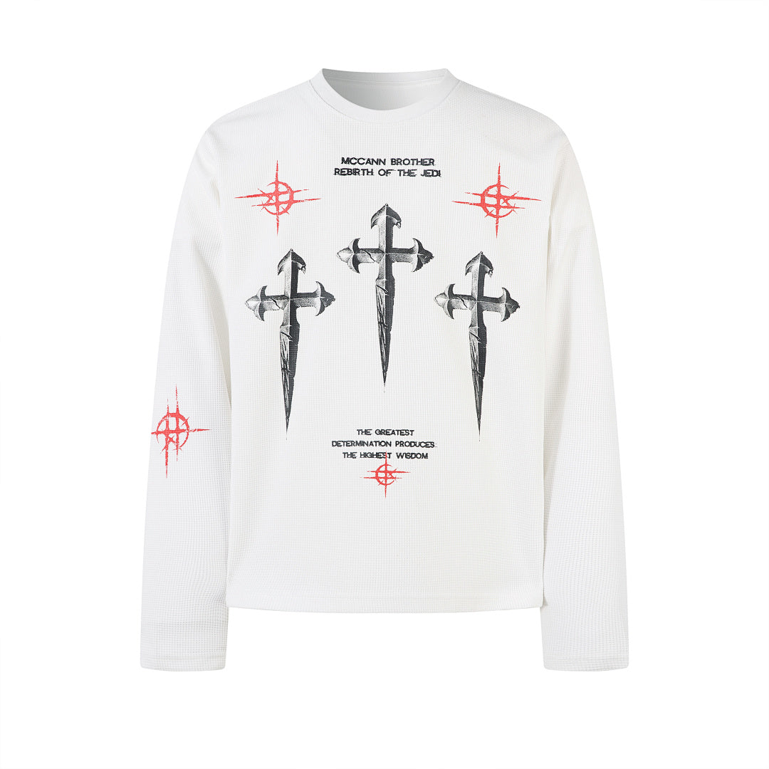 Waffle-knit long-sleeve T-shirt, black, white