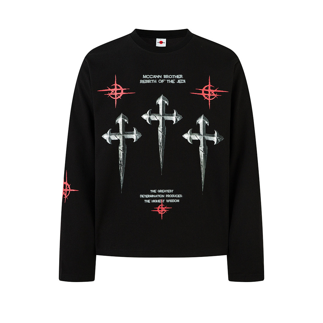 Waffle-knit long-sleeve T-shirt, black, white