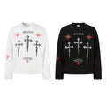 Waffle-knit long-sleeve T-shirt, black, white