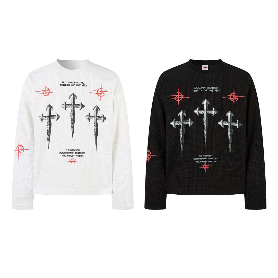 Waffle-knit long-sleeve T-shirt, black, white
